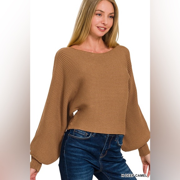 Boat Neck Balloon Sleeve Sweater in H Deep Camel - Picture 3 of 4